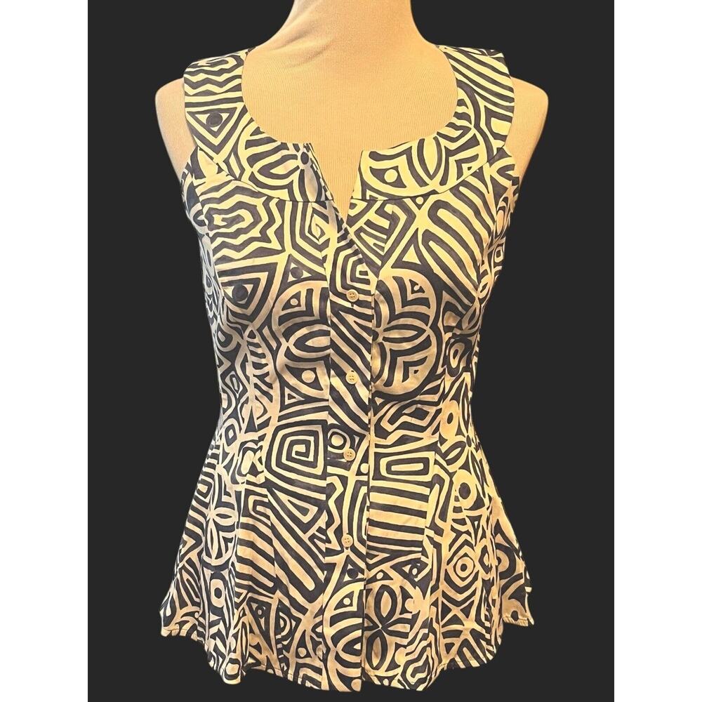 Lafayette 148 NY Sleeveless Blouse Button Up •2• Geometric Stretch Office Peplum